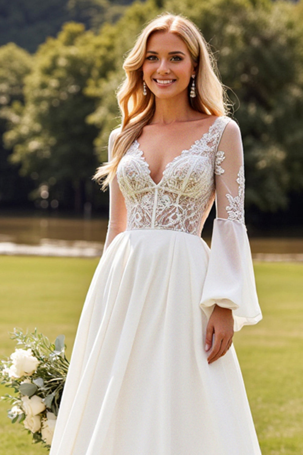 Ivory Lace Długie Rękawy V Neck Szyfonowa Suknia Ślubna Linia