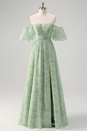 Zakurzona szałwia plisowana długa sukienka druhny linia A z rozcięciem na ramionach