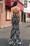 Błyszcząca Czarny Syrena Kwiatowy Sznurowane plecy Sukienka Na Studniówkę Długa