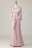 Pudrowo-Różowa Koronkowa Sukienka Ołówkowa z Długim Rękawem dla Mamy Panny Młodej