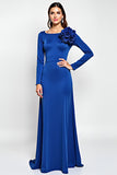 Royal Blue Sheath Scoop Długie Rękawy Sukienka dla matki panny młodej z kwiatami