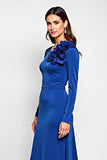 Royal Blue Sheath Scoop Długie Rękawy Sukienka dla matki panny młodej z kwiatami