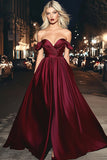Burgundy Linia Off The Shoulder Długa Satynowa Sukienka Na Studniówkę