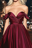 Burgundy Linia Off The Shoulder Długa Satynowa Sukienka Na Studniówkę