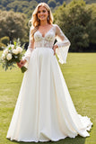 Ivory Lace Długie Rękawy V Neck Szyfonowa Suknia Ślubna Linia
