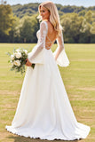 Ivory Lace Długie Rękawy V Neck Szyfonowa Suknia Ślubna Linia