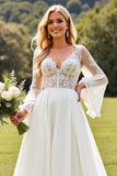 Ivory Lace Długie Rękawy V Neck Szyfonowa Suknia Ślubna Linia