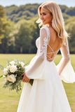 Ivory Lace Długie Rękawy V Neck Szyfonowa Suknia Ślubna Linia
