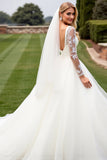 Ivory Lace Długie Rękawy A Line Organza Suknia Ślubna