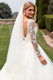 Ivory Lace Długie Rękawy A Line Organza Suknia Ślubna