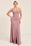 Vintage Mauve Sheath Spaghetti Ramiączka Ruched Długa Sukienka Druhny Z Rozcięciem