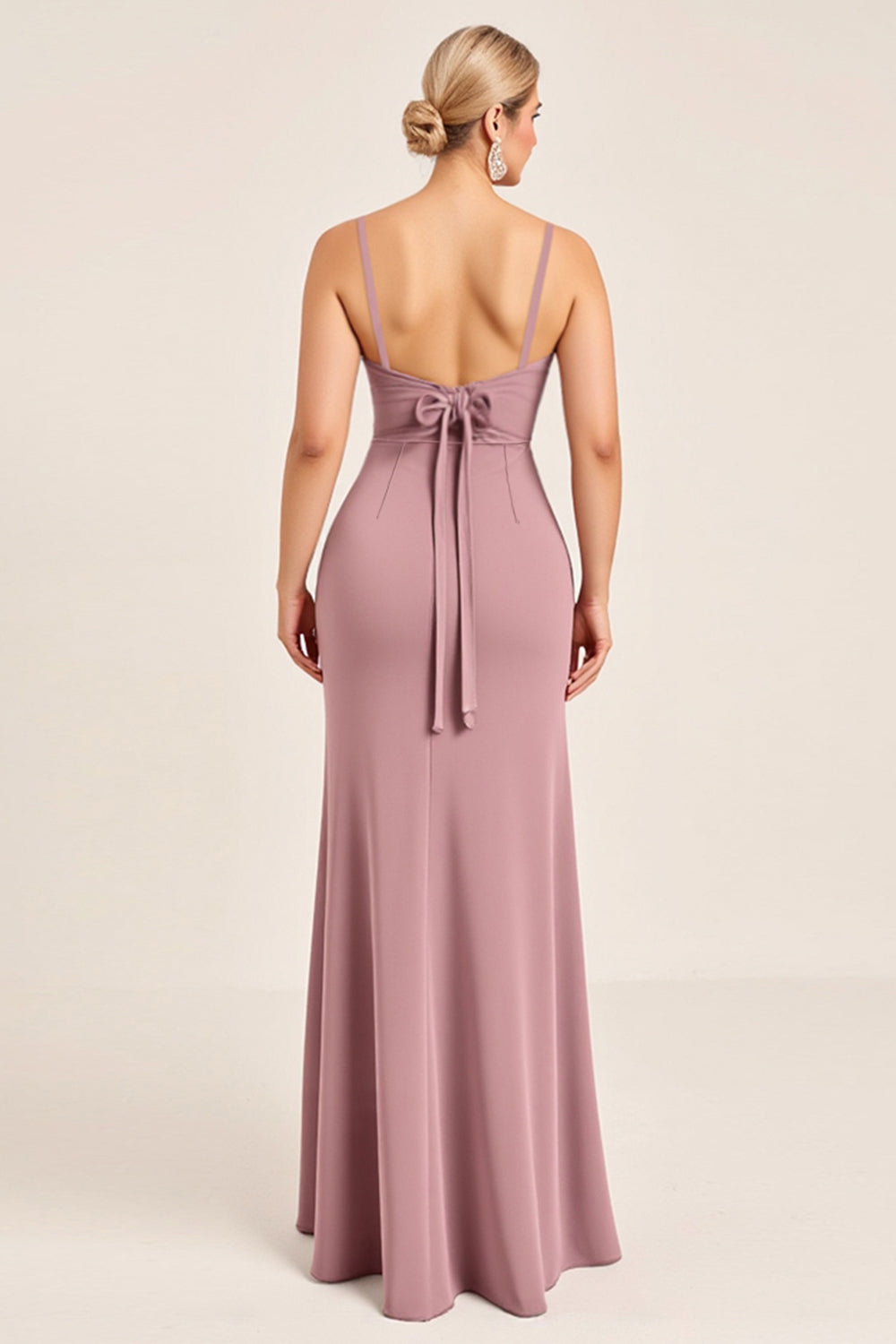 Vintage Mauve Sheath Spaghetti Ramiączka Ruched Długa Sukienka Druhny Z Rozcięciem