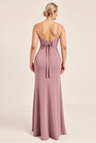 Vintage Mauve Sheath Spaghetti Ramiączka Ruched Długa Sukienka Druhny Z Rozcięciem