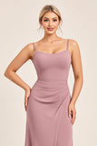 Vintage Mauve Sheath Spaghetti Ramiączka Ruched Długa Sukienka Druhny Z Rozcięciem
