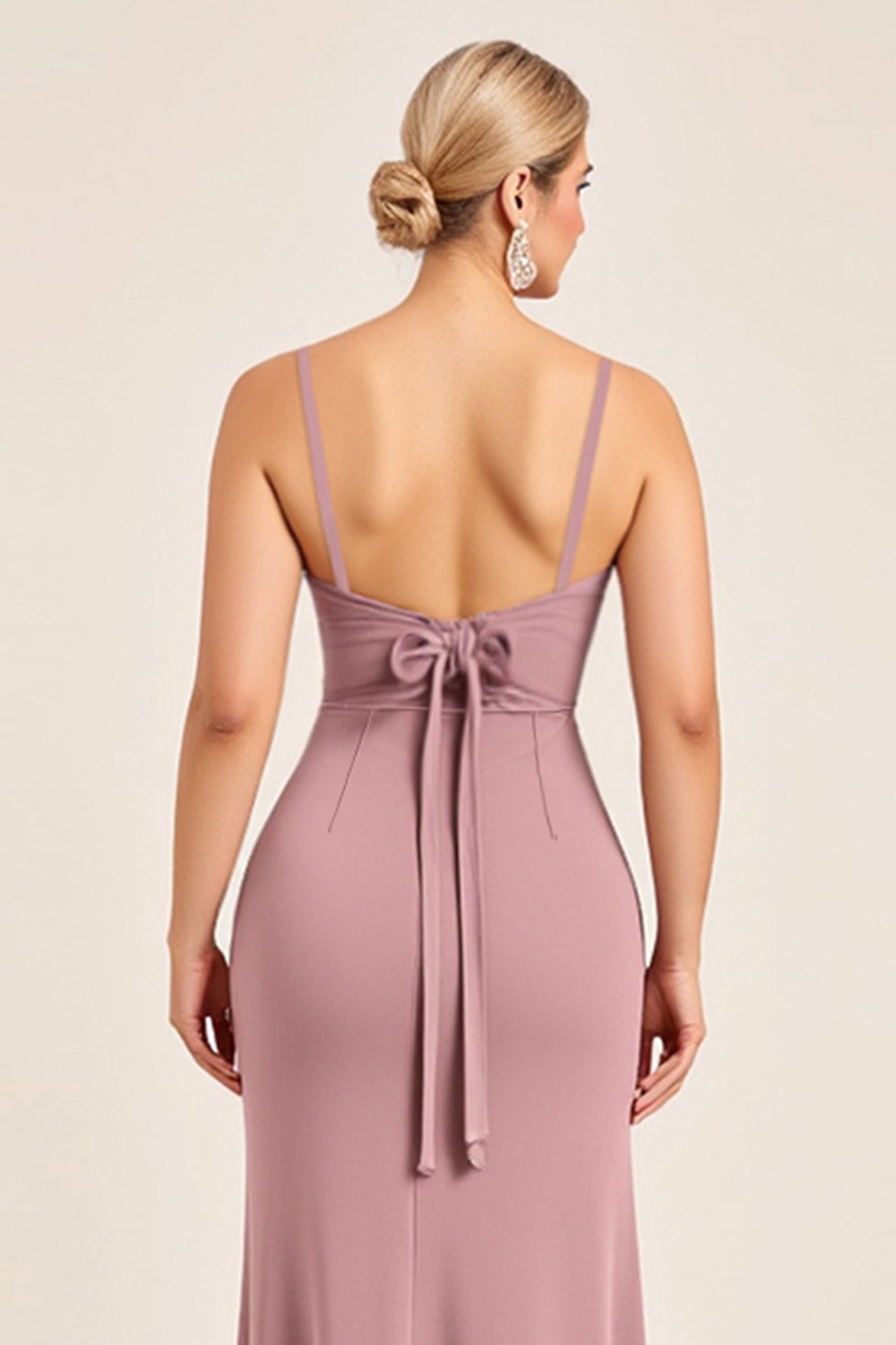 Vintage Mauve Sheath Spaghetti Ramiączka Ruched Długa Sukienka Druhny Z Rozcięciem