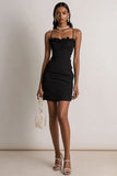 Satynowa Bodycon Spaghetti Strips Little Black Dress z falbanami