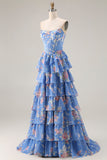 Żółty gorset bez ramiączek w kształcie litery A, długa długa sukienka na studniówkę z szyfonowymi falbanami