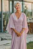 Dusty Rose Szyfon Dekolt W Szpic Ruched Długa Sukienka Dla Matki Panny Młodej Z Pół Rękawami