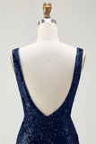 Błyszcząca Granatowa Syrenka Cekinowy Dekolt W Serek Otwarte Plecy Długa Sukienka Na Studniówkę Z Rozcięciem
