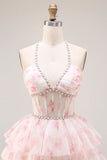 Halter A-line Candy Pink Gorset, kwiatowa, wielopoziomowa długa sukienka balbalowa z perłami