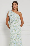 Jedno ramię Syrena Niebieski biały kwiat Wydrukować Długi Sukienka Na Studniówke Z kokardą