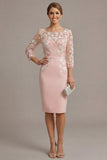 Blush Pink Sheath 3D Flower Round Neck Midi Mother of the Bride Dress z rękawami 3/4