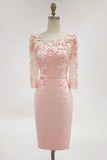 Blush Pink Sheath 3D Flower Round Neck Midi Mother of the Bride Dress z rękawami 3/4