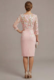 Blush Pink Sheath 3D Flower Round Neck Midi Mother of the Bride Dress z rękawami 3/4