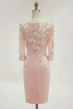 Blush Pink Sheath 3D Flower Round Neck Midi Mother of the Bride Dress z rękawami 3/4