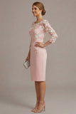 Blush Pink Sheath 3D Flower Round Neck Midi Mother of the Bride Dress z rękawami 3/4