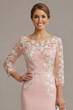 Blush Pink Sheath 3D Flower Round Neck Midi Mother of the Bride Dress z rękawami 3/4