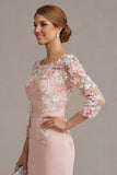 Blush Pink Sheath 3D Flower Round Neck Midi Mother of the Bride Dress z rękawami 3/4
