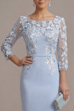Blush Pink Sheath 3D Flower Round Neck Midi Mother of the Bride Dress z rękawami 3/4