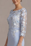 Blush Pink Sheath 3D Flower Round Neck Midi Mother of the Bride Dress z rękawami 3/4