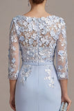 Blush Pink Sheath 3D Flower Round Neck Midi Mother of the Bride Dress z rękawami 3/4