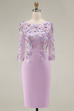 Blush Pink Sheath 3D Flower Round Neck Midi Mother of the Bride Dress z rękawami 3/4