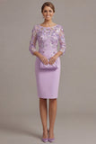 Blush Pink Sheath 3D Flower Round Neck Midi Mother of the Bride Dress z rękawami 3/4