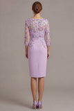 Blush Pink Sheath 3D Flower Round Neck Midi Mother of the Bride Dress z rękawami 3/4