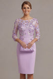 Blush Pink Sheath 3D Flower Round Neck Midi Mother of the Bride Dress z rękawami 3/4