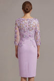 Blush Pink Sheath 3D Flower Round Neck Midi Mother of the Bride Dress z rękawami 3/4