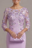 Blush Pink Sheath 3D Flower Round Neck Midi Mother of the Bride Dress z rękawami 3/4