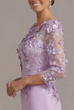 Blush Pink Sheath 3D Flower Round Neck Midi Mother of the Bride Dress z rękawami 3/4