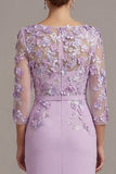 Blush Pink Sheath 3D Flower Round Neck Midi Mother of the Bride Dress z rękawami 3/4