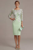 Blush Pink Sheath 3D Flower Round Neck Midi Mother of the Bride Dress z rękawami 3/4