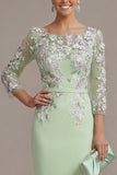 Blush Pink Sheath 3D Flower Round Neck Midi Mother of the Bride Dress z rękawami 3/4