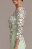Blush Pink Sheath 3D Flower Round Neck Midi Mother of the Bride Dress z rękawami 3/4