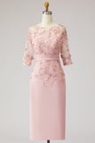 Sukienka Dusty Rose Bodycon Floral Illusion Neck aplikowana Midi Mother Of the Bride