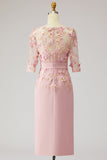 Sukienka Dusty Rose Bodycon Floral Illusion Neck aplikowana Midi Mother Of the Bride