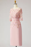 Sukienka Dusty Rose Bodycon Floral Illusion Neck aplikowana Midi Mother Of the Bride