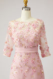 Sukienka Dusty Rose Bodycon Floral Illusion Neck aplikowana Midi Mother Of the Bride